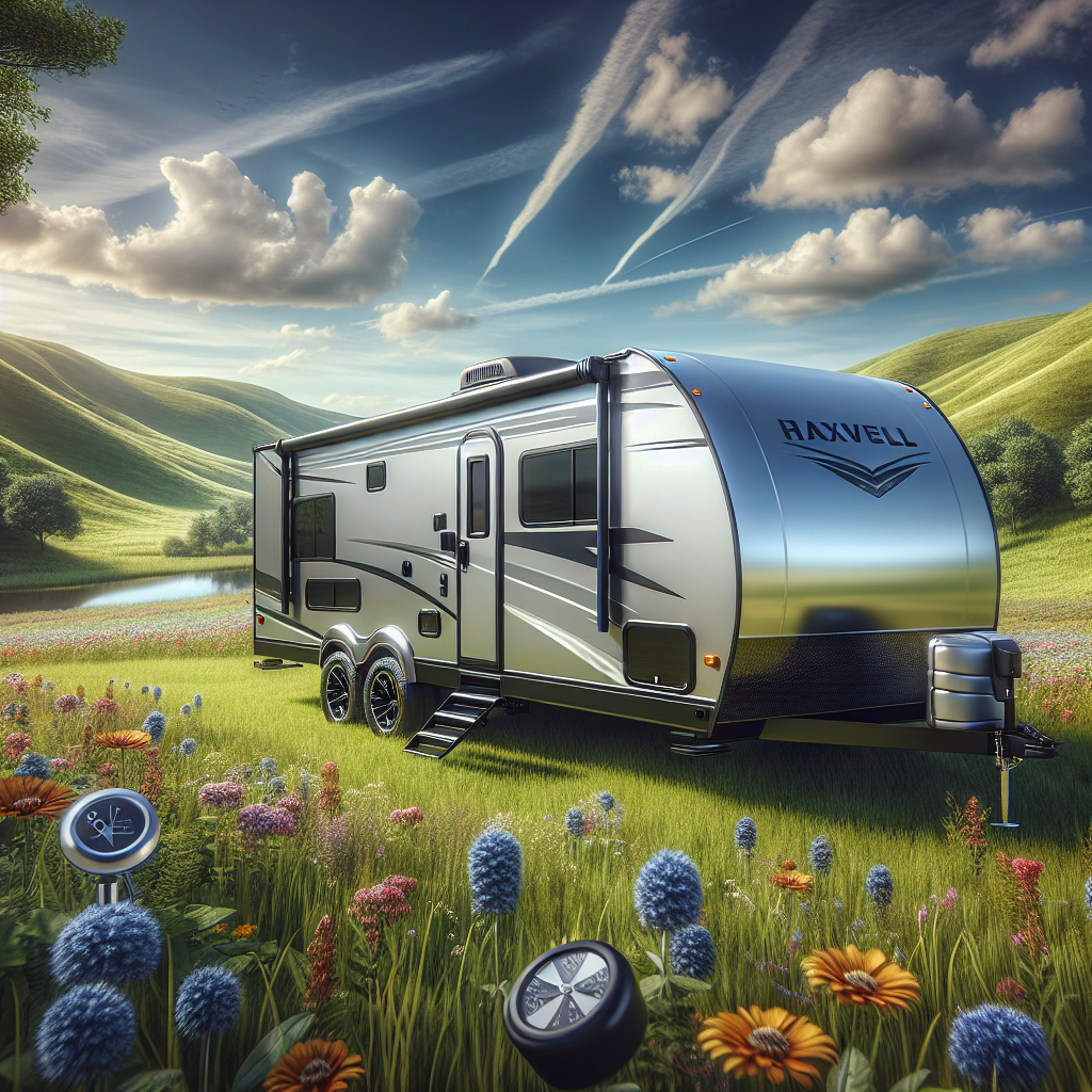 A travel trailer parked in a scenic meadow with a focus on a tire pressure sensor.