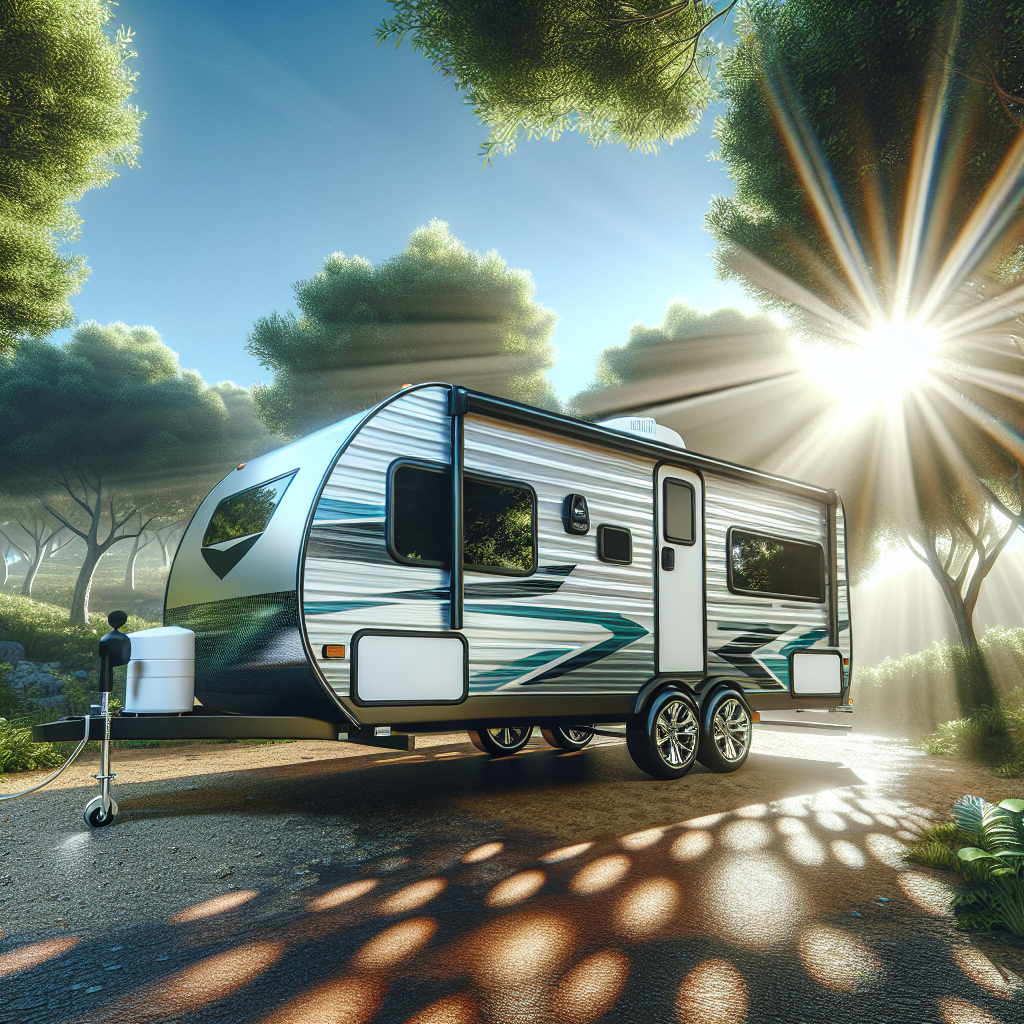 A modern camper trailer in a natural landscape with visible tire monitoring system.