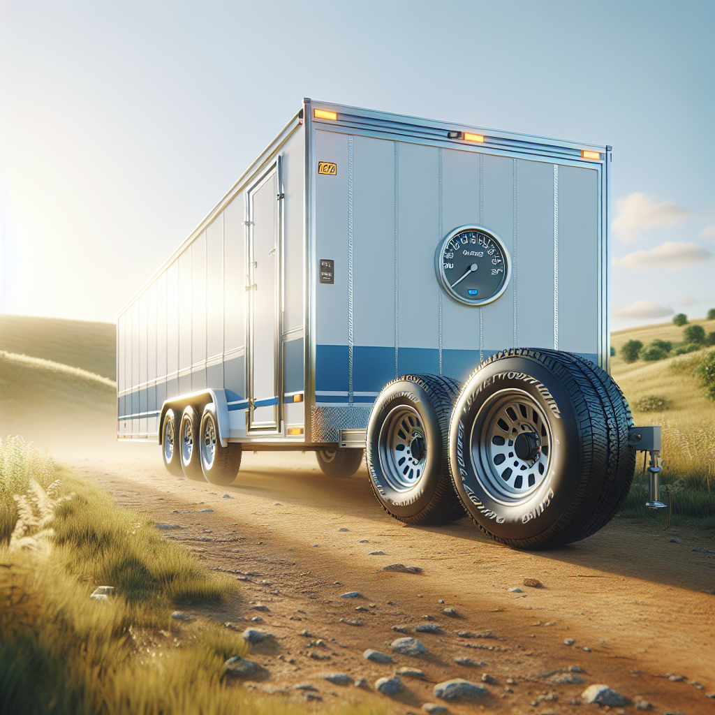 A trailer with visible tires in a sunny landscape, showcasing temperature gauge with ideal range.