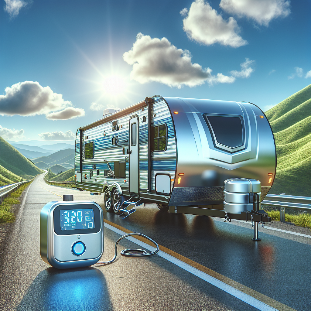 A travel trailer with a tire pressure sensor on a scenic highway.