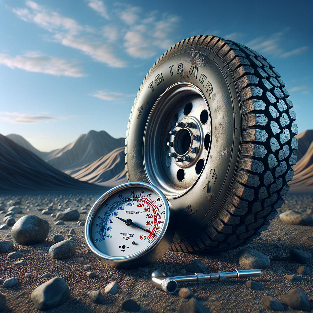 A close-up of a tire pressure gauge next to a rugged trailer tire on gravel.