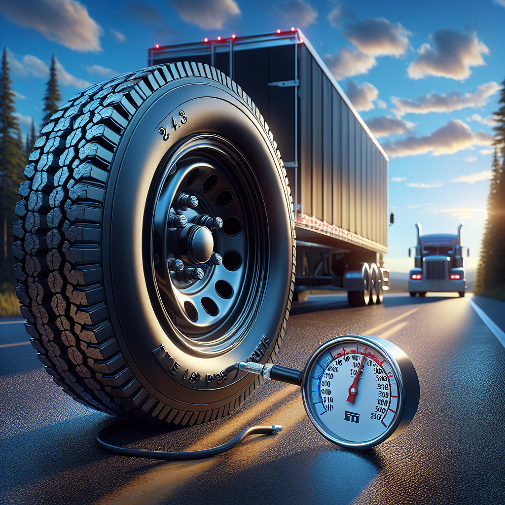 A trailer tire with a pressure gauge on a sunny road.