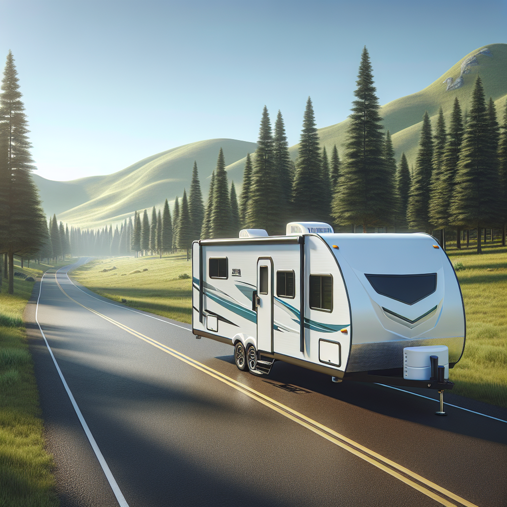 A camper trailer parked on a scenic road surrounded by nature.