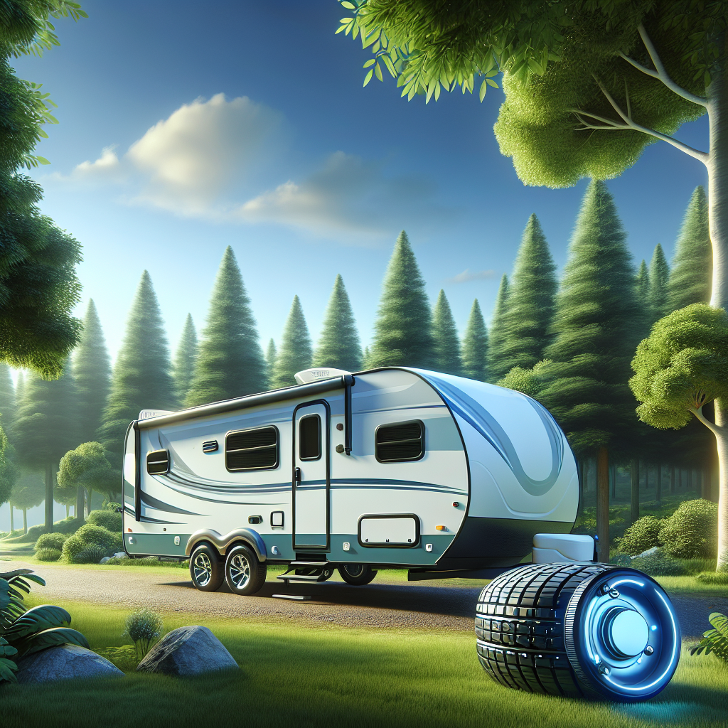 A travel trailer with visible tire pressure sensors in a tranquil outdoor setting.