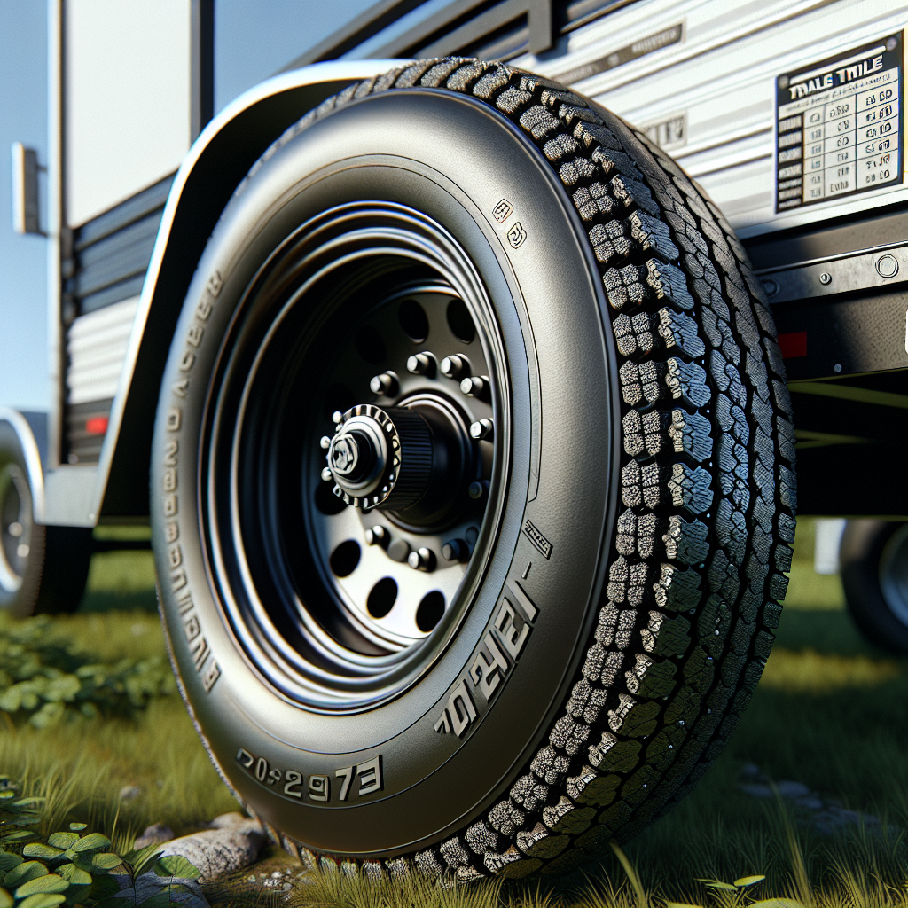 Close-up view of a trailer tire showing tread patterns and a pressure sticker on a trailer frame.