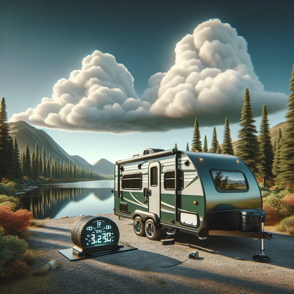 A camper trailer by a scenic landscape emphasizing the importance of tire pressure monitoring.
