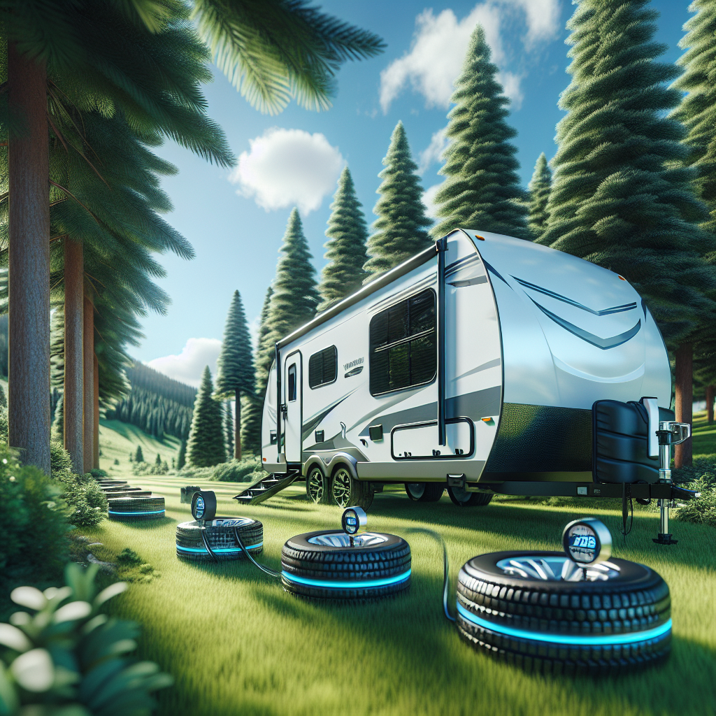A travel trailer with visible tire pressure sensors in a scenic outdoor setting.
