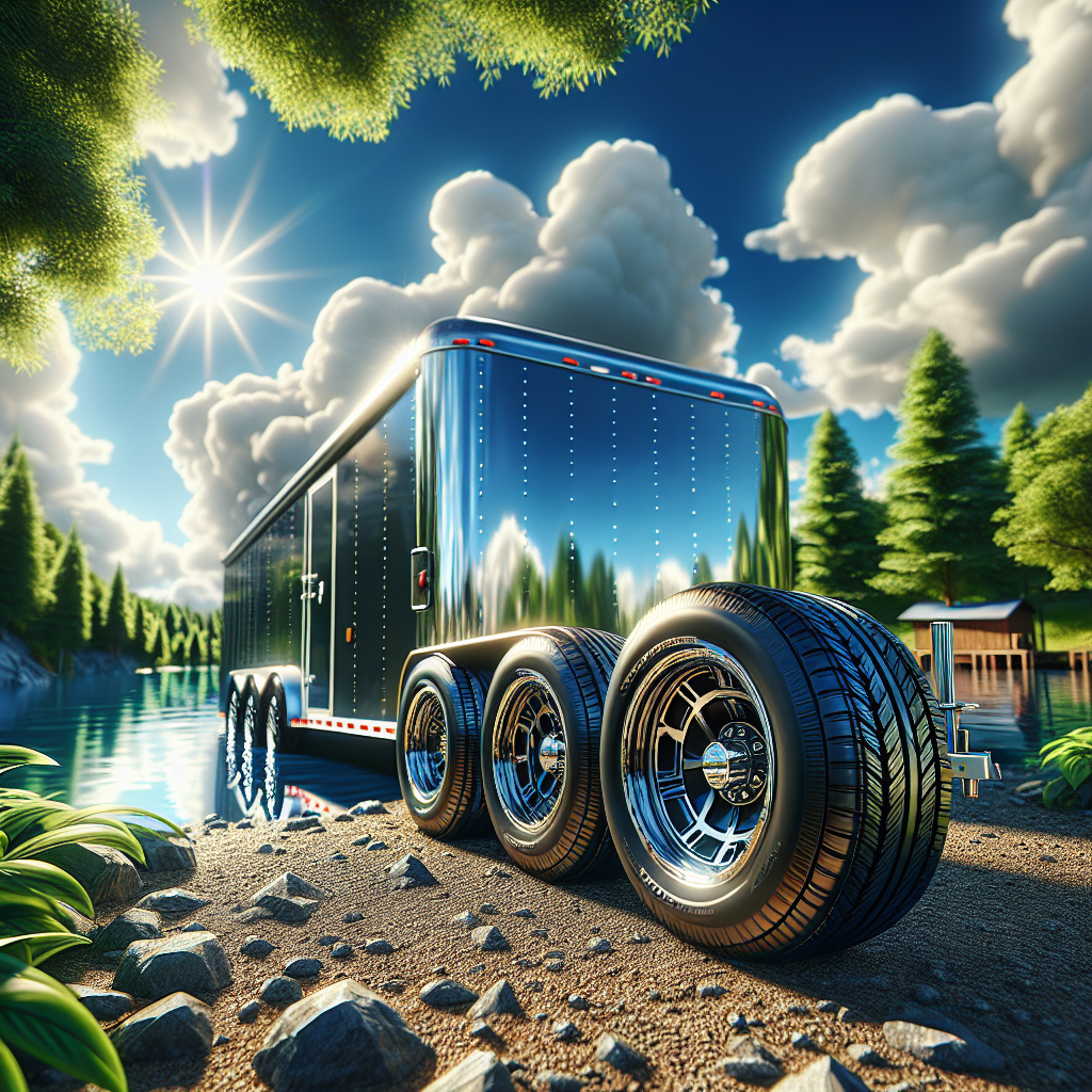 A well-maintained trailer parked beside a lake with properly inflated tires.