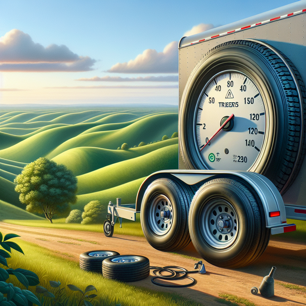 A close-up of a trailer's tires in a peaceful landscape.