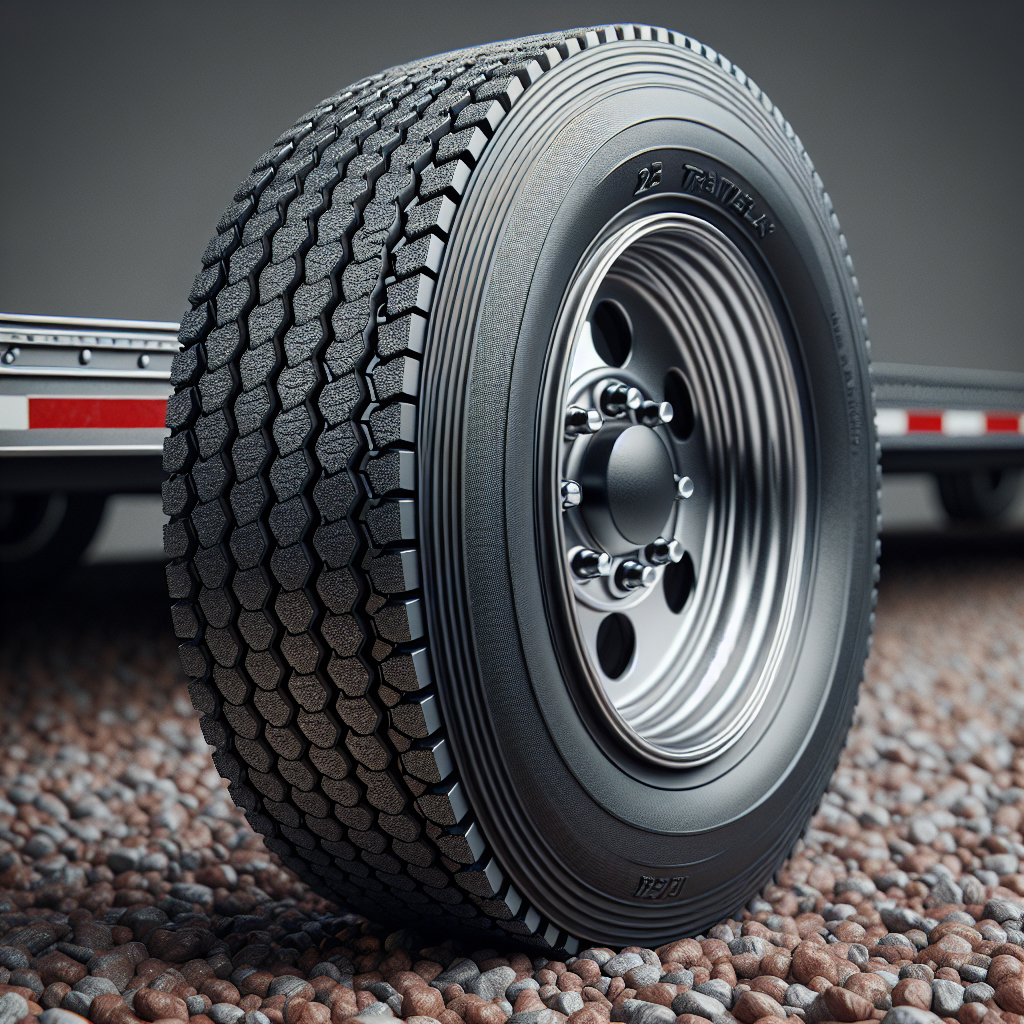Close-up of a trailer tire on gravel, showing detailed tread pattern.