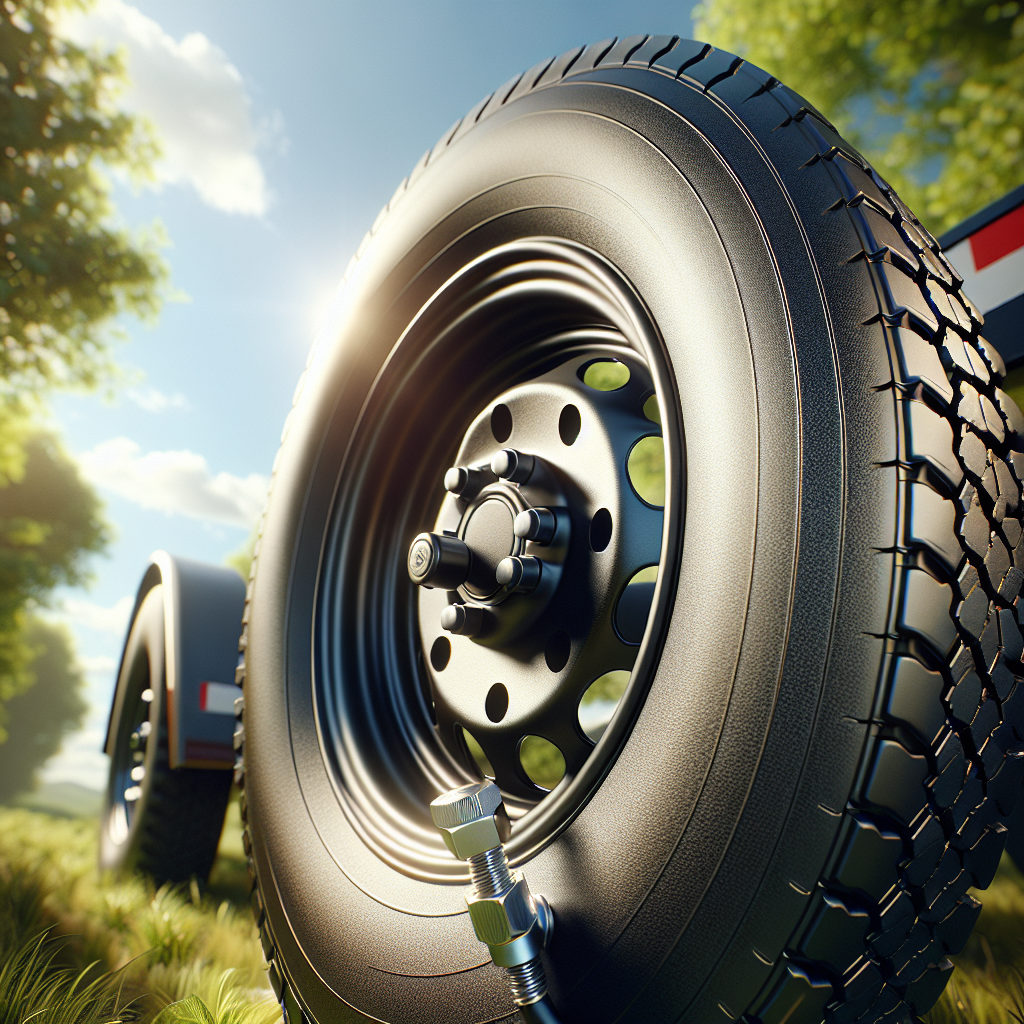 A trailer tire in an outdoor environment, emphasizing its details and safety.