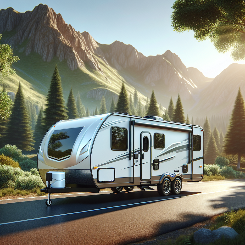 A camper trailer parked on a scenic road with trees and mountains.