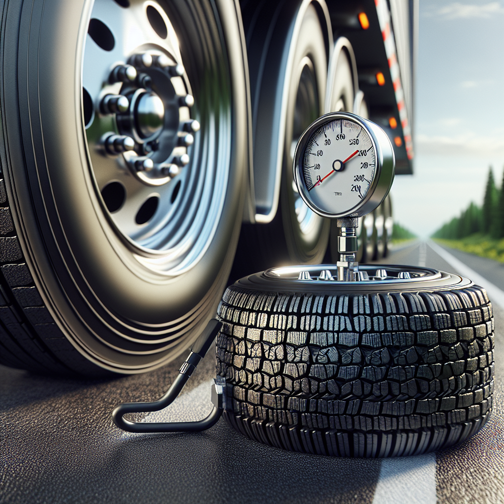 A close-up of a trailer tire being checked for pressure with a gauge.