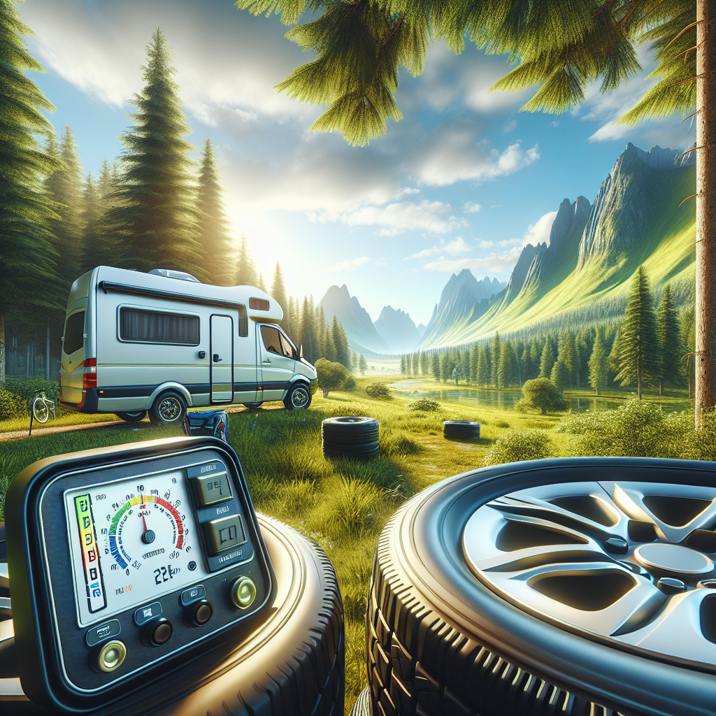 A camper van in an outdoor setting with visible tires and a tire pressure monitoring system display.