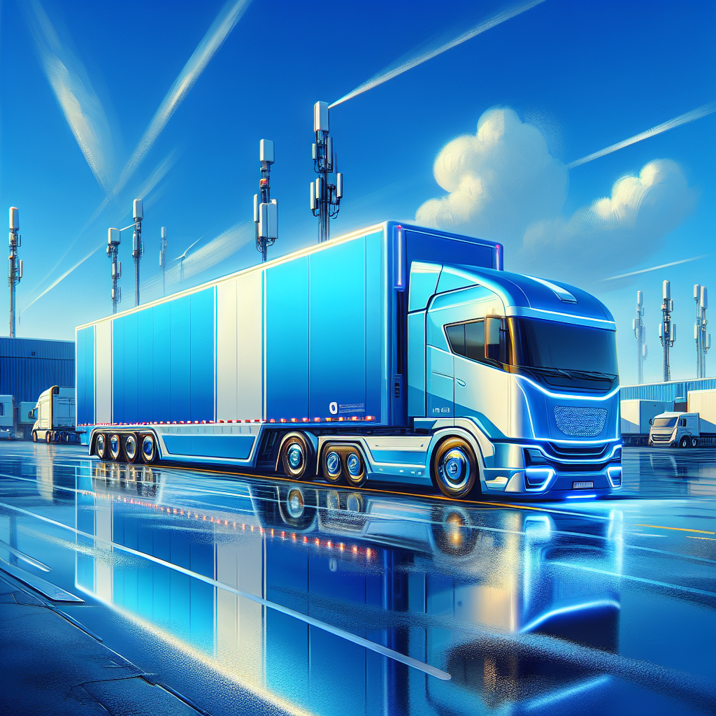A modern trailer with tracking devices in a logistics yard.