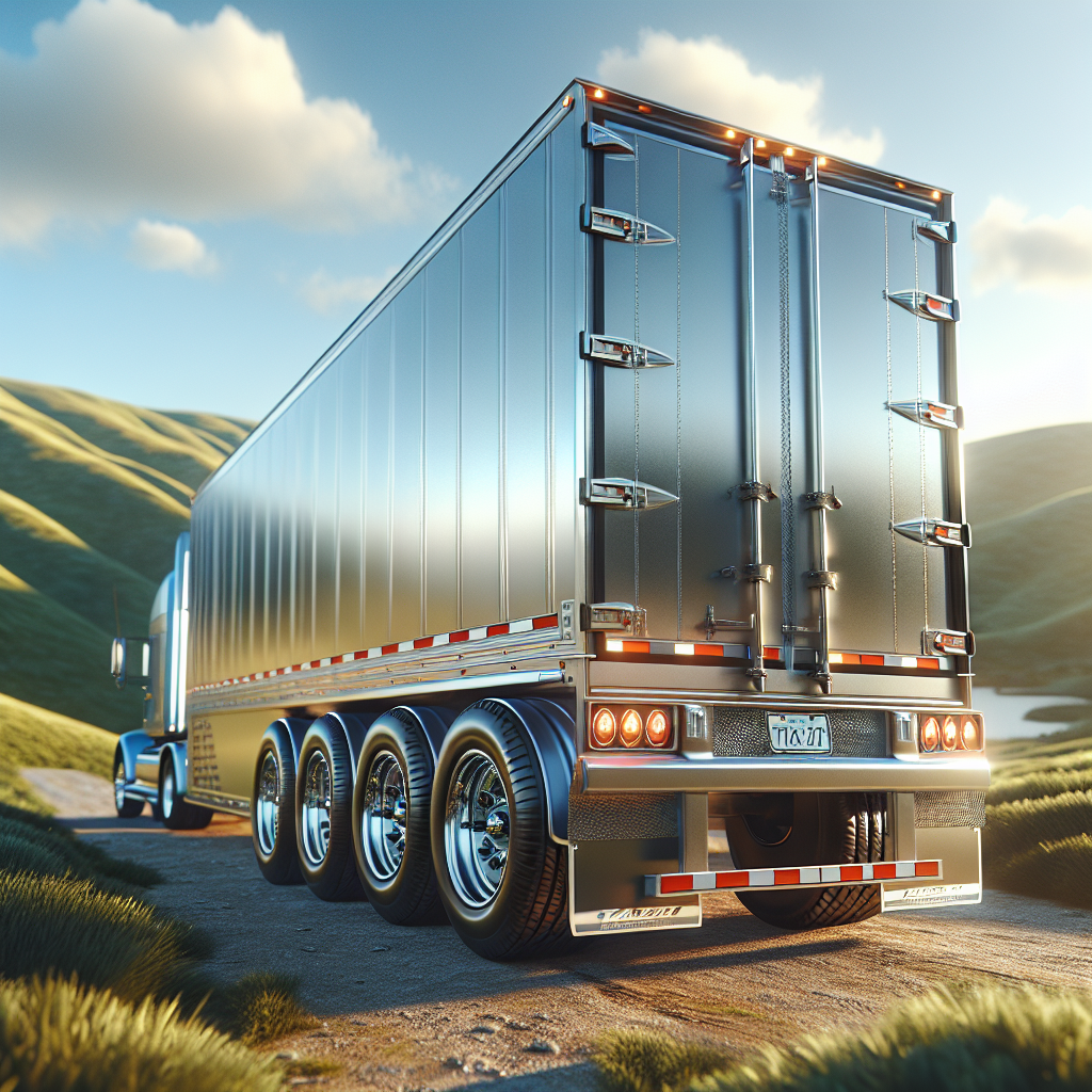 A trailer with detailed tires parked on a scenic route with rolling hills in the background.