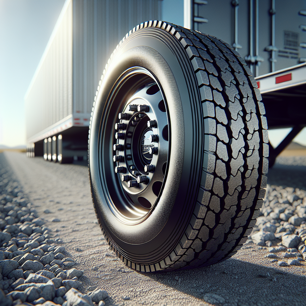 A close-up view of a well-maintained trailer tire on gravel, showcasing tread patterns.