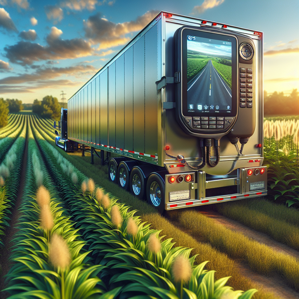A trailer in a green field with a visible GPS tracking device.