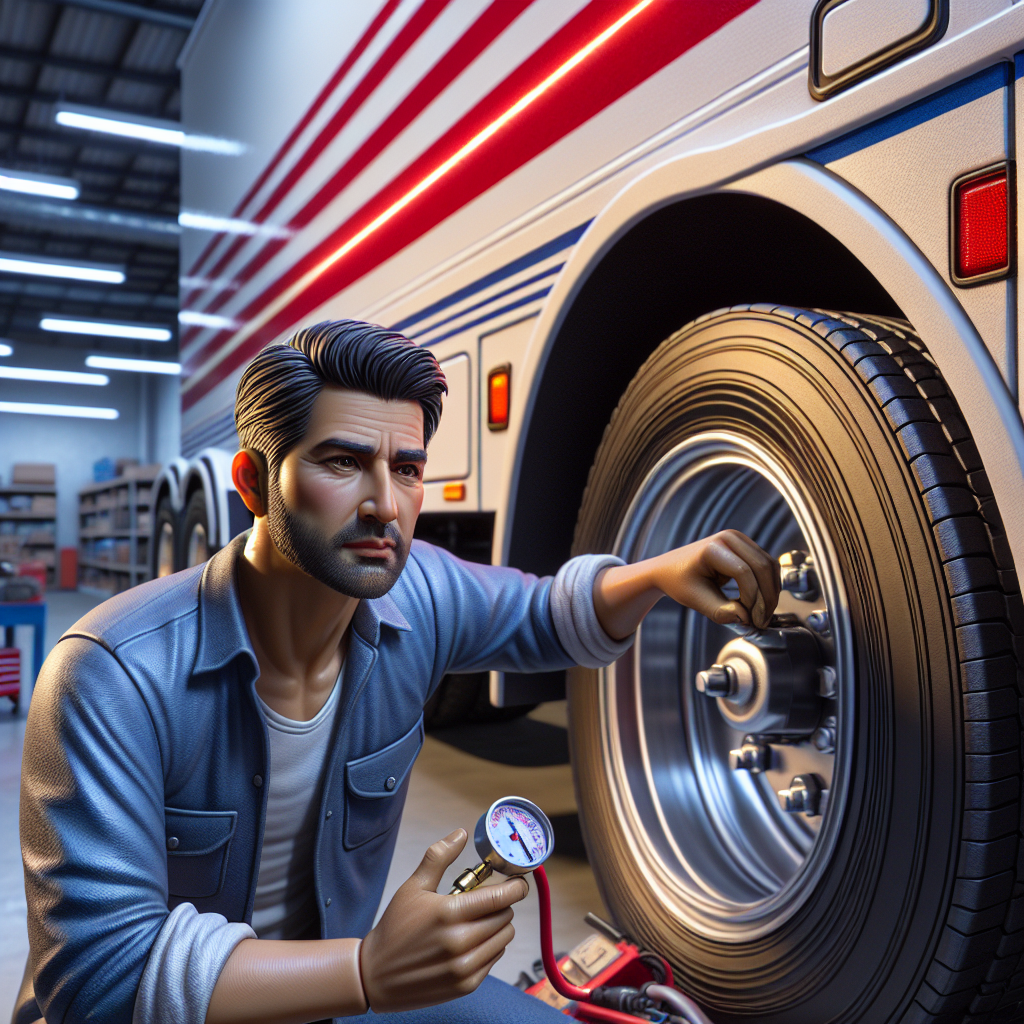 A mechanic checking the tire pressure on a trailer in a garage.