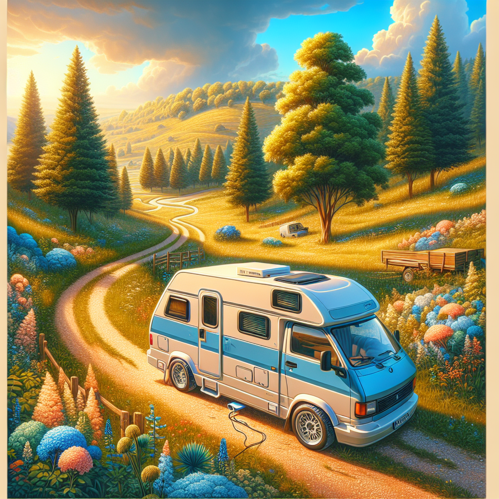 A camper van parked on a sunny road with mountains and trees.