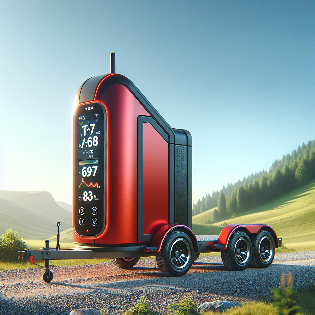 A two-wheel trailer on a gravel road with a Tire Pressure Monitoring System display.