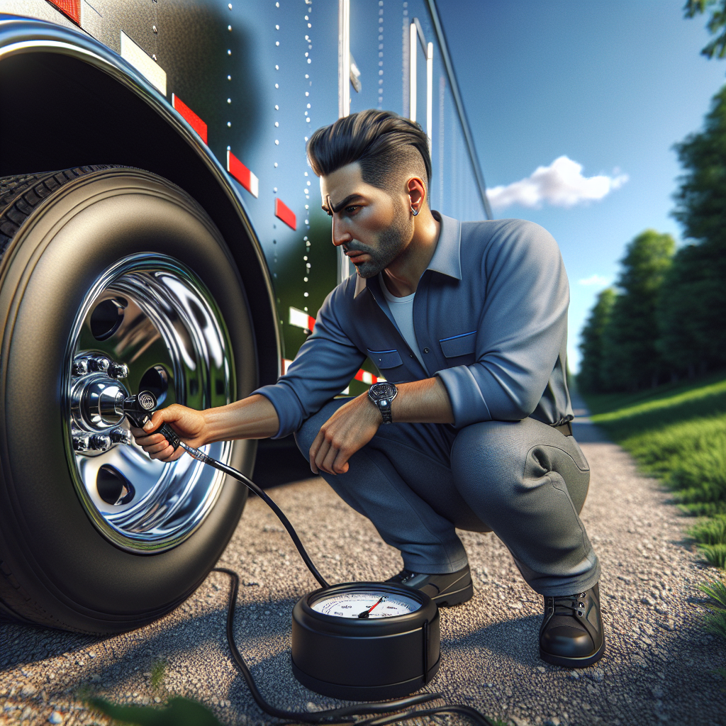A mechanic checking the tire pressure of a silver trailer outdoors.