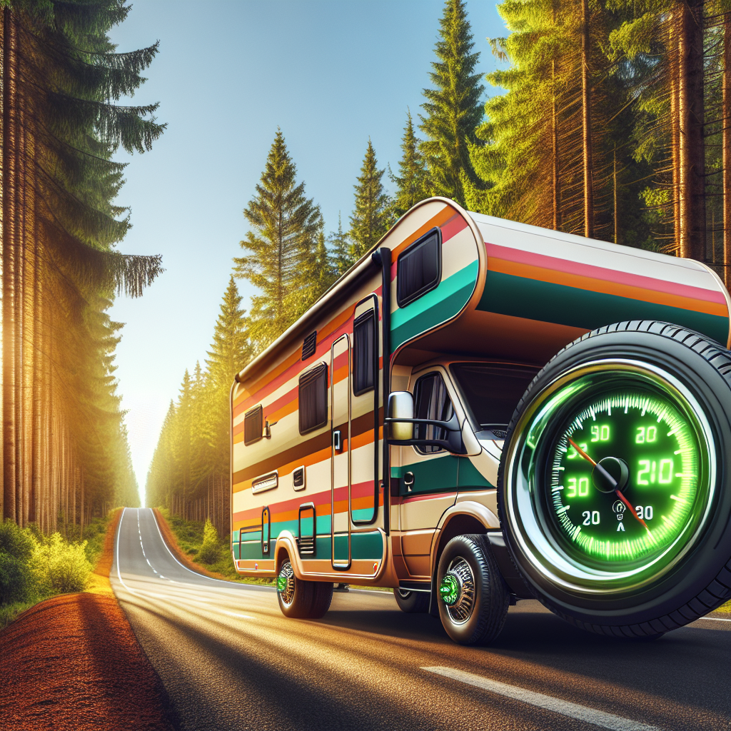 A camper on a scenic road surrounded by lush green forests, depicting the importance of tire pressure monitoring.