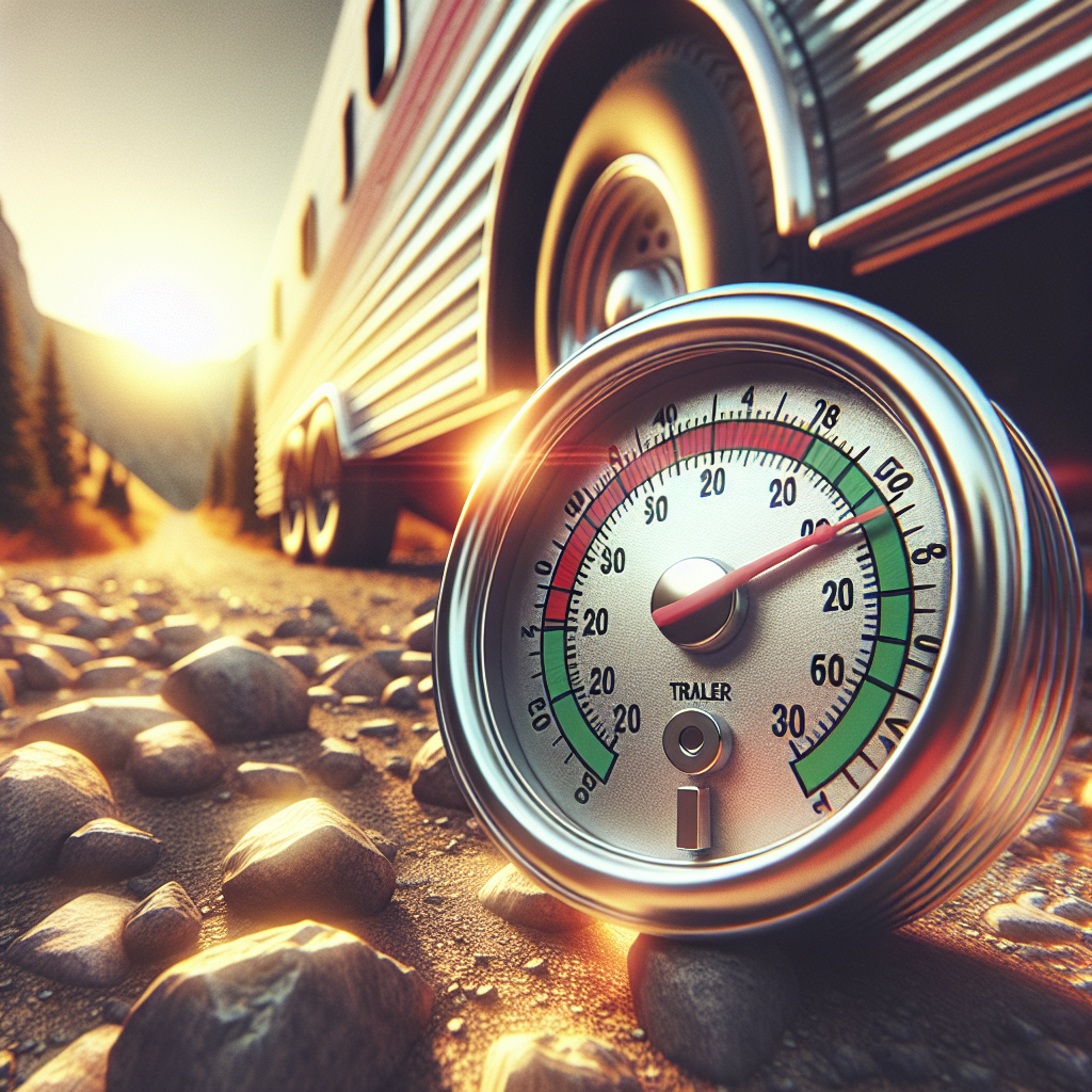 Close-up of a tyre pressure gauge with a trailer in the background.