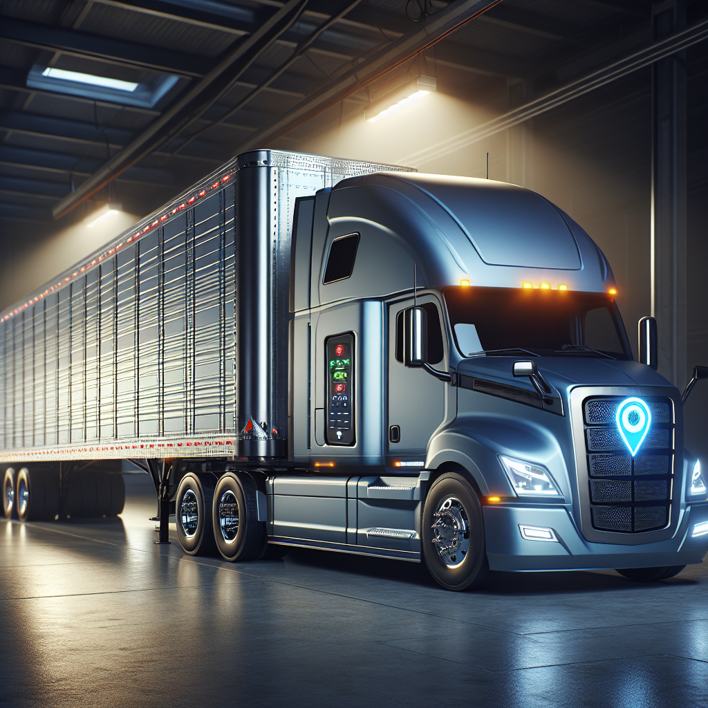 A truck with a trailer and a visible tracking device in a warehouse.
