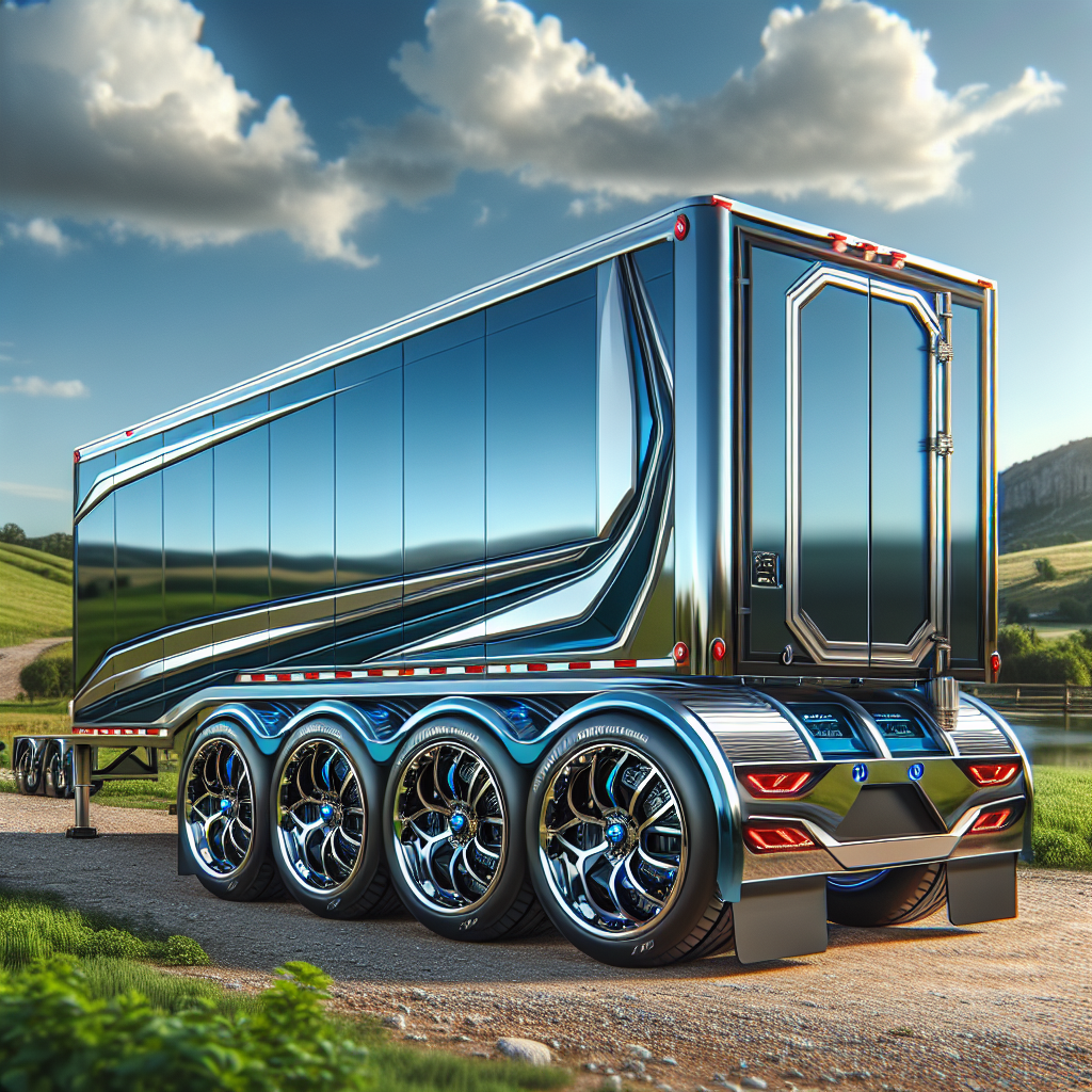 A two-wheel trailer on a gravel road with a Tire Pressure Monitoring System visible on the tires.