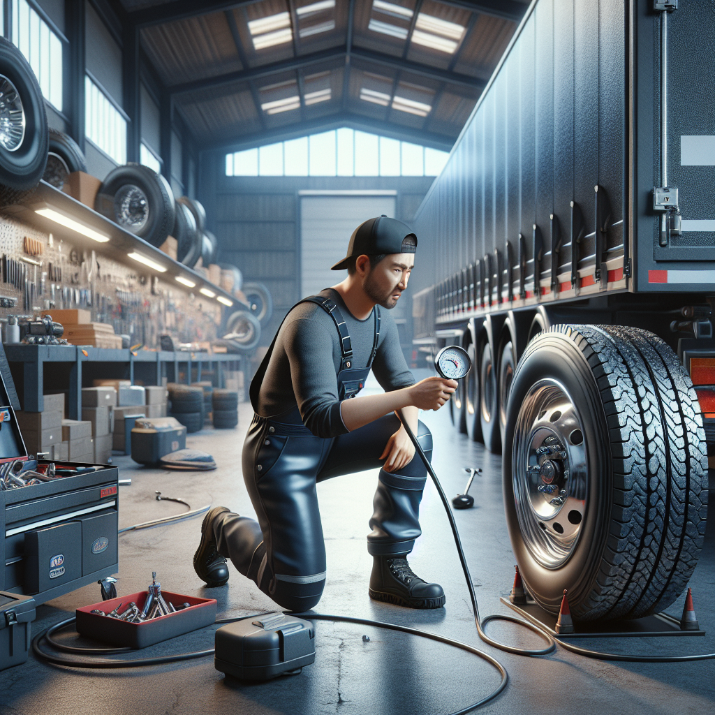 A person inspecting tyre pressure of a trailer in a workshop.