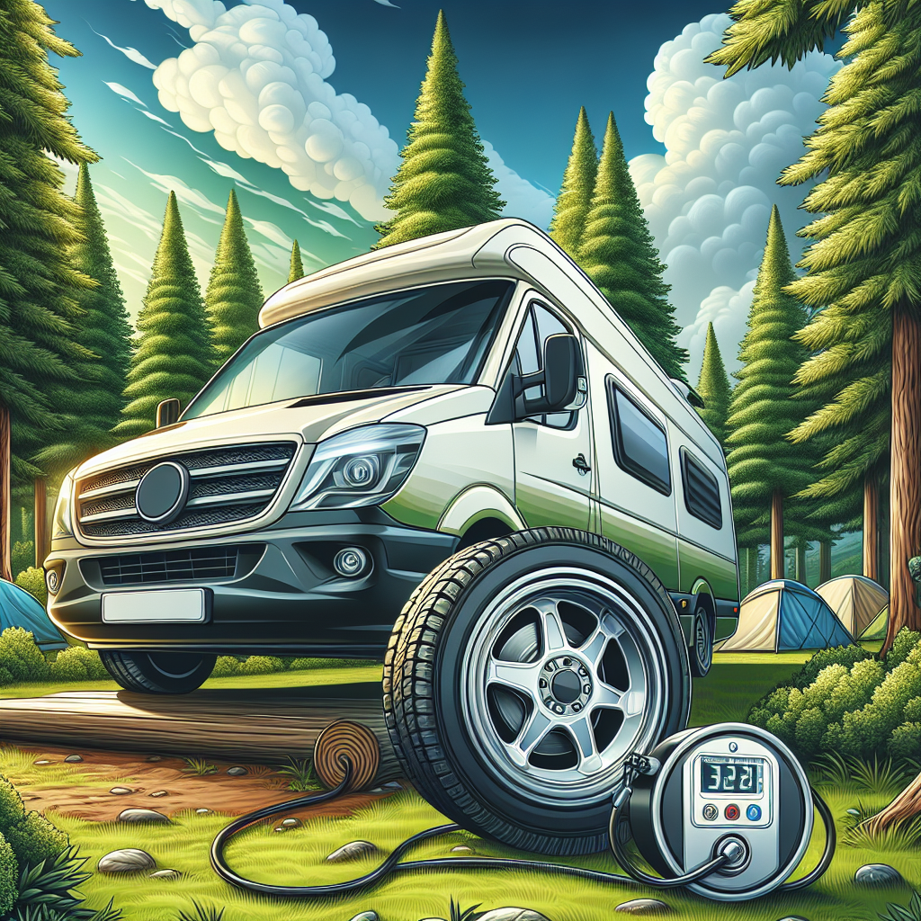 A camper van at a campsite with focus on its tires and a tire pressure monitoring system.