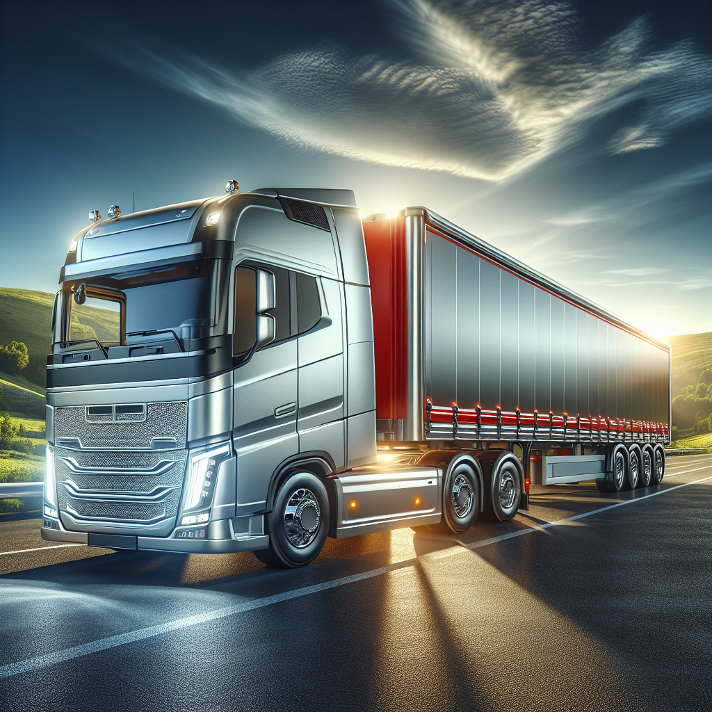 A modern truck towing a red trailer with a tracking device on a road.
