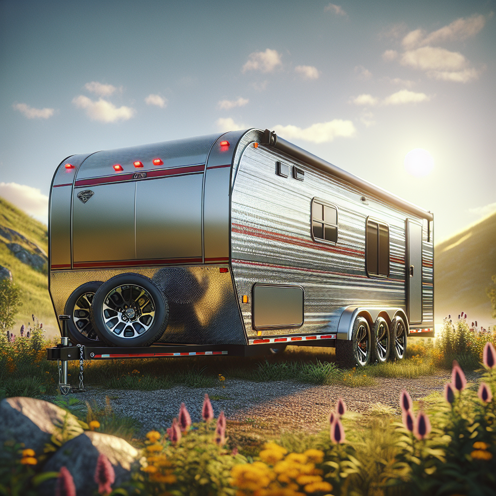 A trailer parked in a countryside setting with a focus on the landscape and tire maintenance.