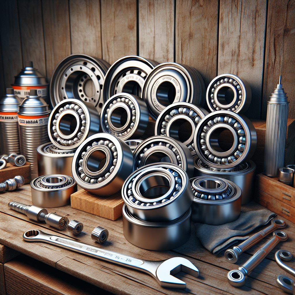 High-quality trailer wheel bearings on a wooden workbench with tools.