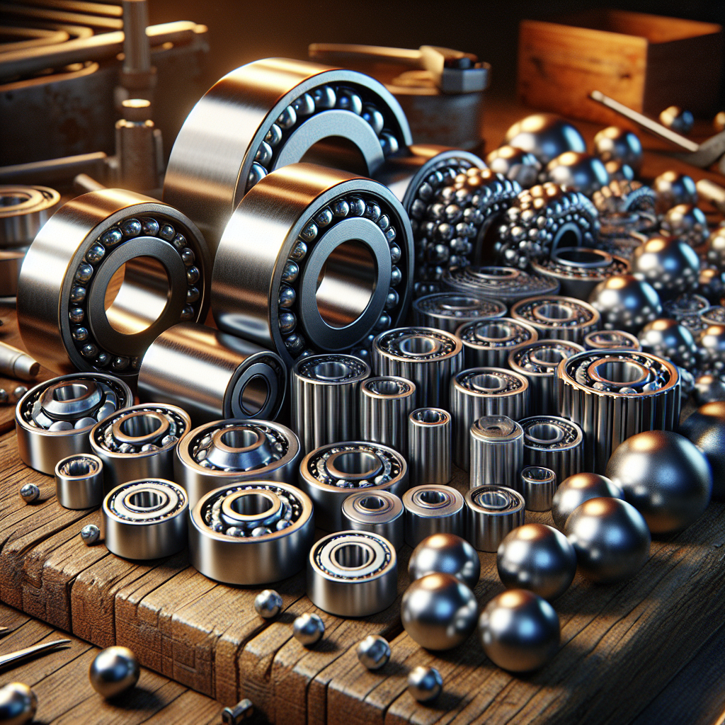 An arrangement of roller and ball trailer bearings in a workshop setting, highlighting their details.