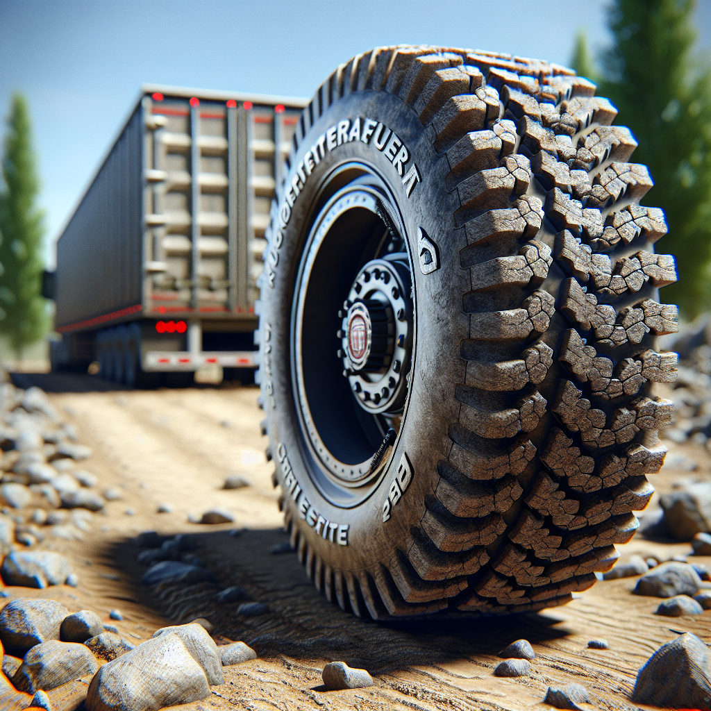A close-up view of a rugged tire on rough terrain with a blurred trailer in the background.