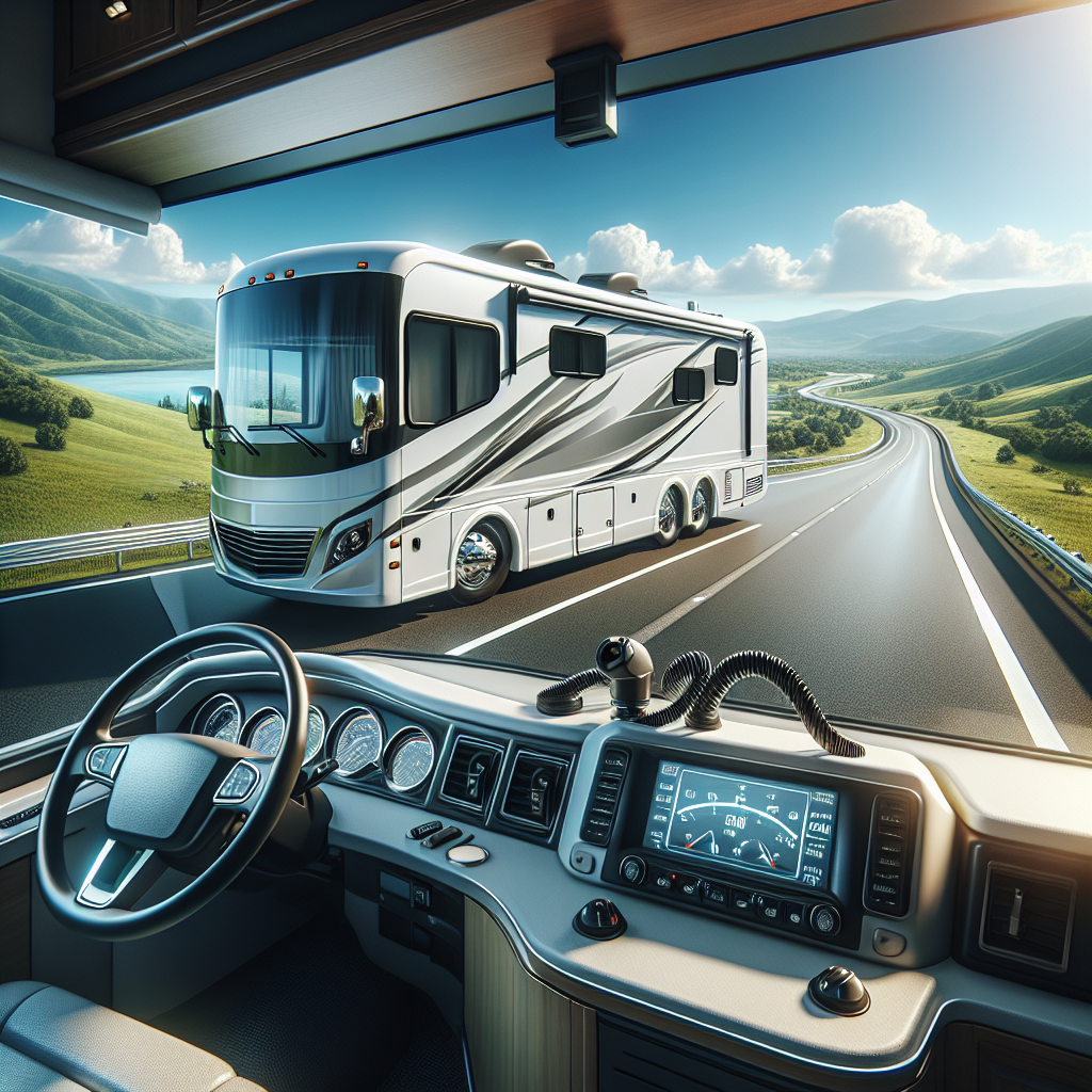 A recreational vehicle on a scenic highway with a focus on its dashboard tire pressure monitoring system.