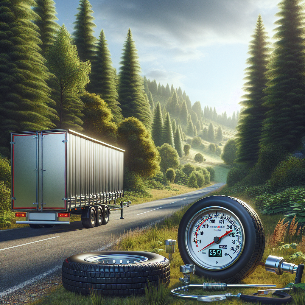 A trailer parked with a tire pressure gauge showing 65 PSI.