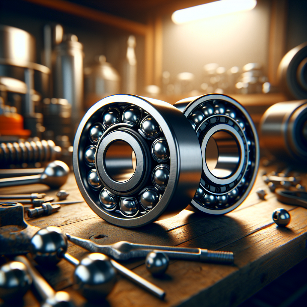 Two types of trailer bearings: a roller bearing and a ball bearing, in a garage setting.