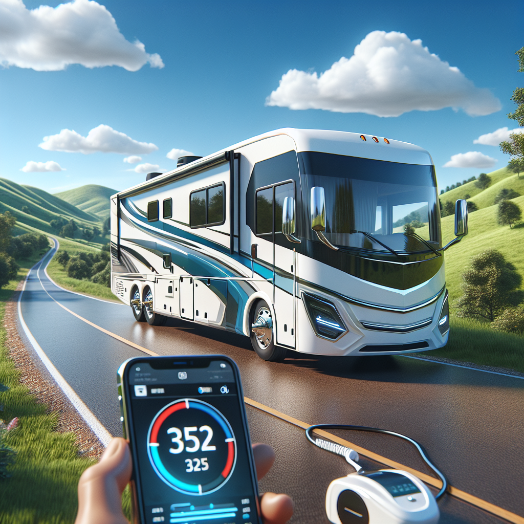 An RV parked next to a scenic road with a smartphone displaying tire pressure data.