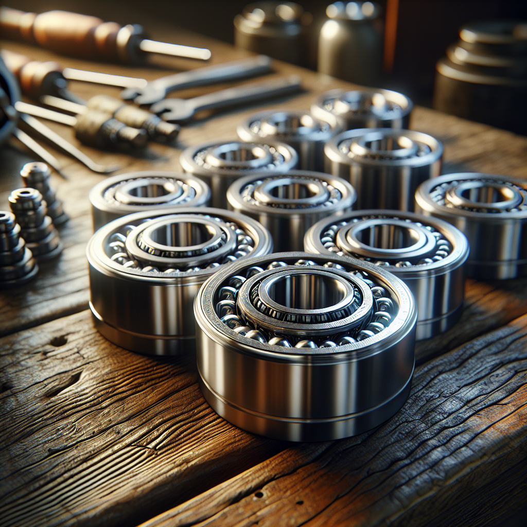 Close-up of high-quality trailer wheel bearings on a wooden workbench.