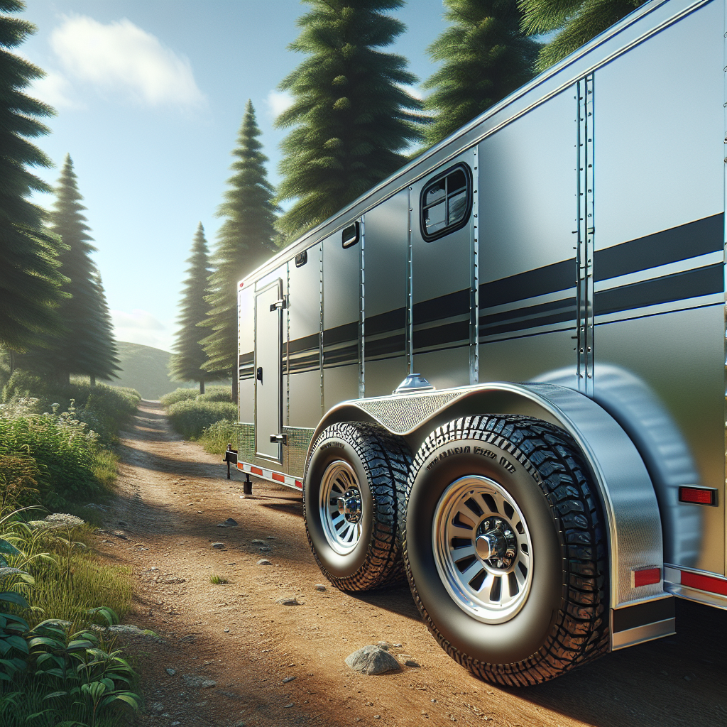 A realistic image of a trailer with a focus on its tires, set in a scenic outdoor landscape.