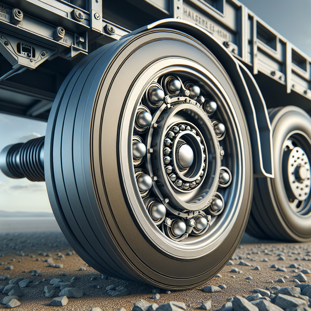 A detailed view of a trailer's wheel assembly showcasing roller and ball bearings.