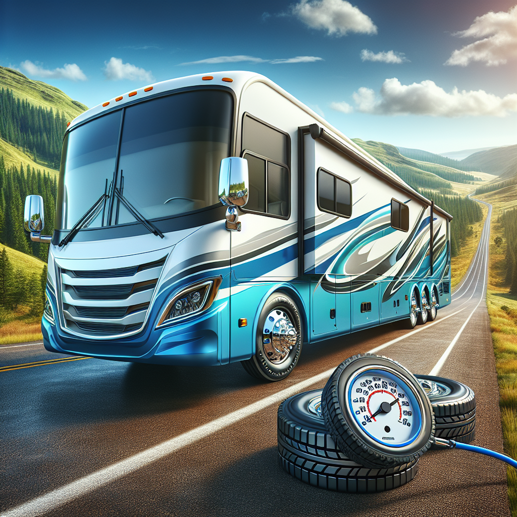 An RV on a road with a scenic landscape, highlighting tire pressure monitoring systems.