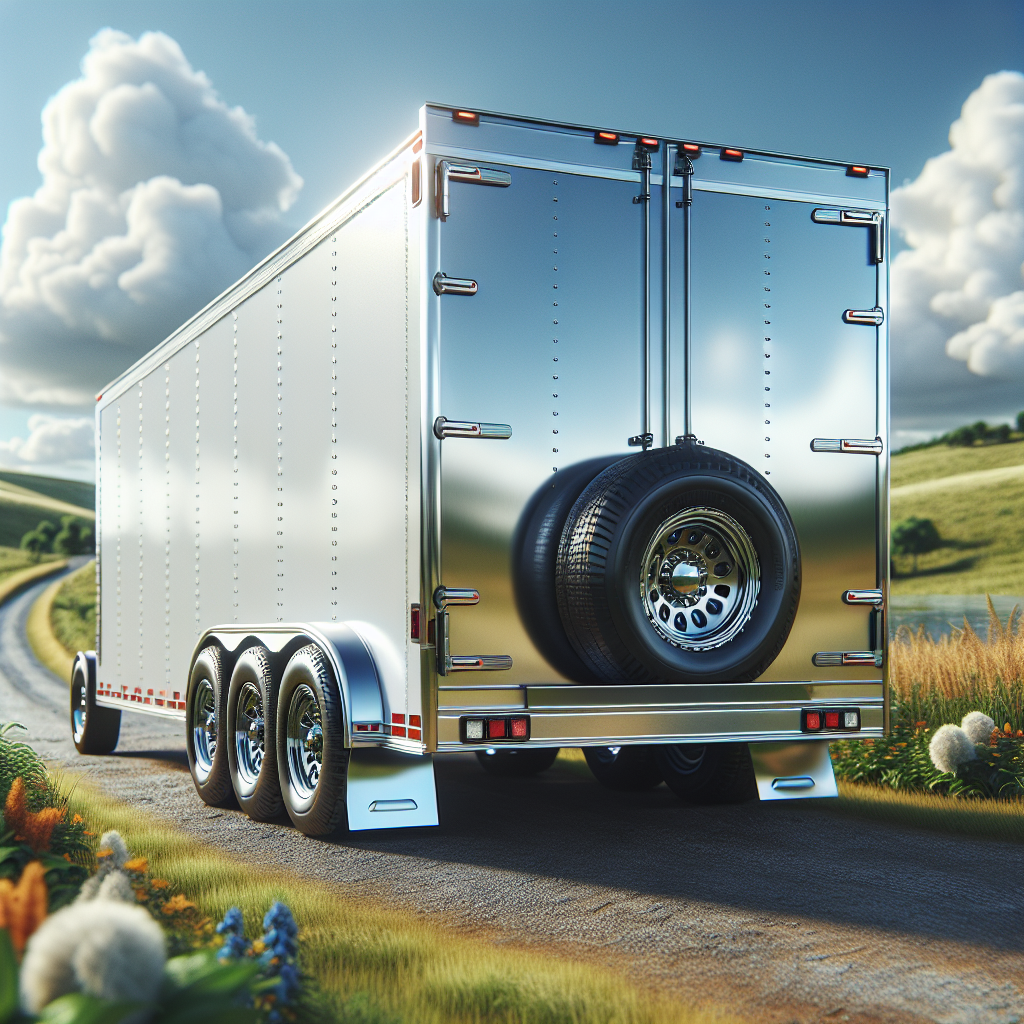 A trailer parked on a country road, focusing on its tires and the surrounding landscape.