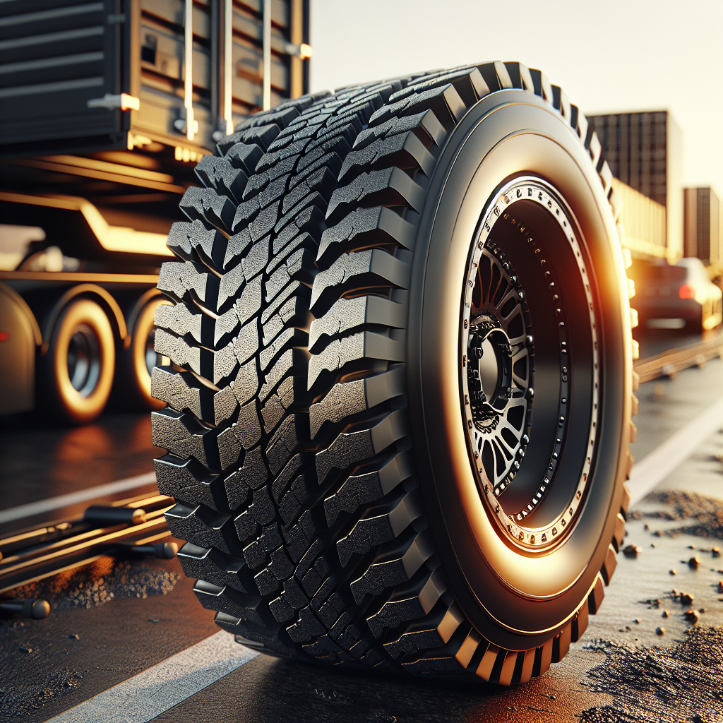 A close-up of a high-performance tire on pavement, emphasizing its tread pattern in warm golden hour lighting.