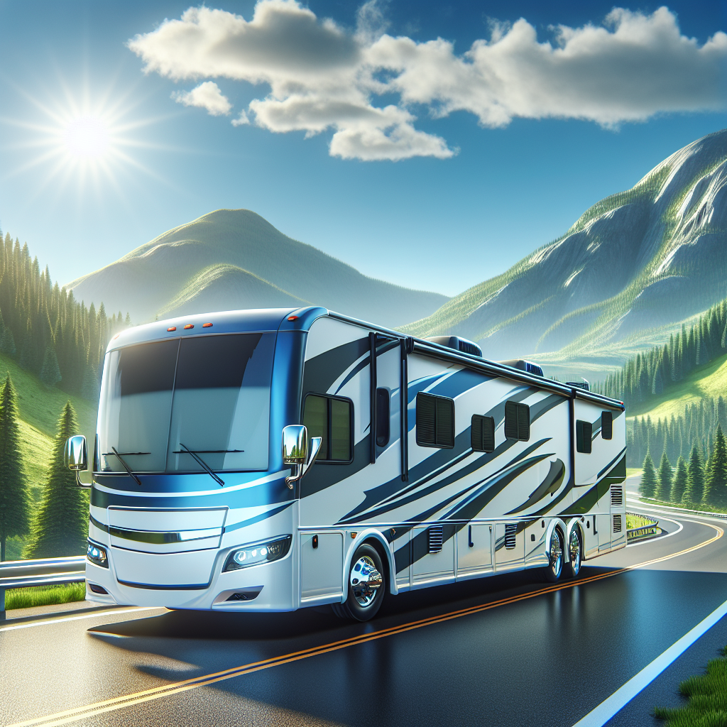 An RV parked on a scenic highway surrounded by nature.