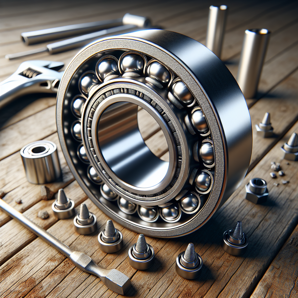 A close-up of a trailer wheel bearing on a workbench with tools.