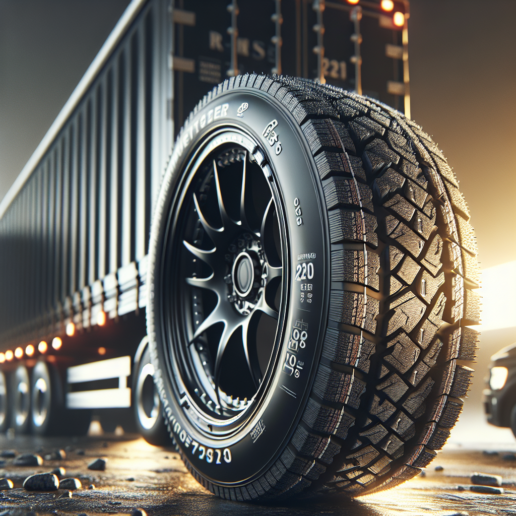 A close-up of a black automobile tire with temperature rating markings, set in a warm, well-lit environment.